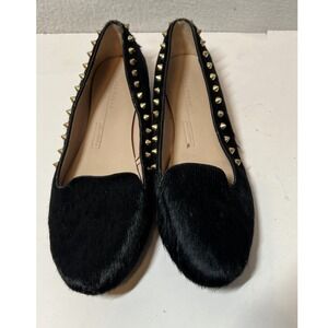 Zara Woman Black Hair Calf Leather Gold Studded‎ Loafer Flats Shoes 37 US 6.5